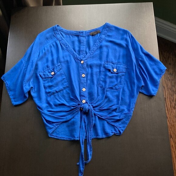 MINE =COBOLT BLUE button down tie front short sleeve shirt Oversized size small - Picture 6 of 10